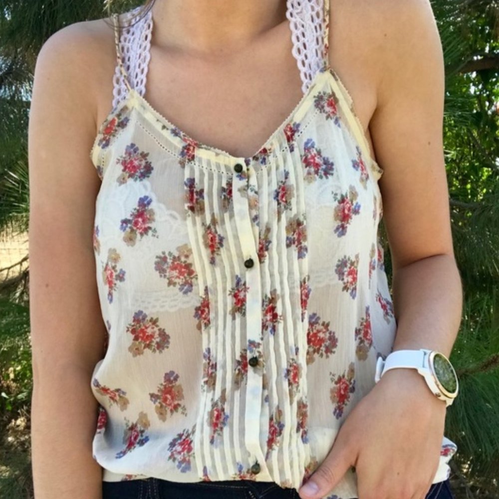 Aerie floral button down ruffle racerback tank with braided adjustable straps - Picture 8 of 8